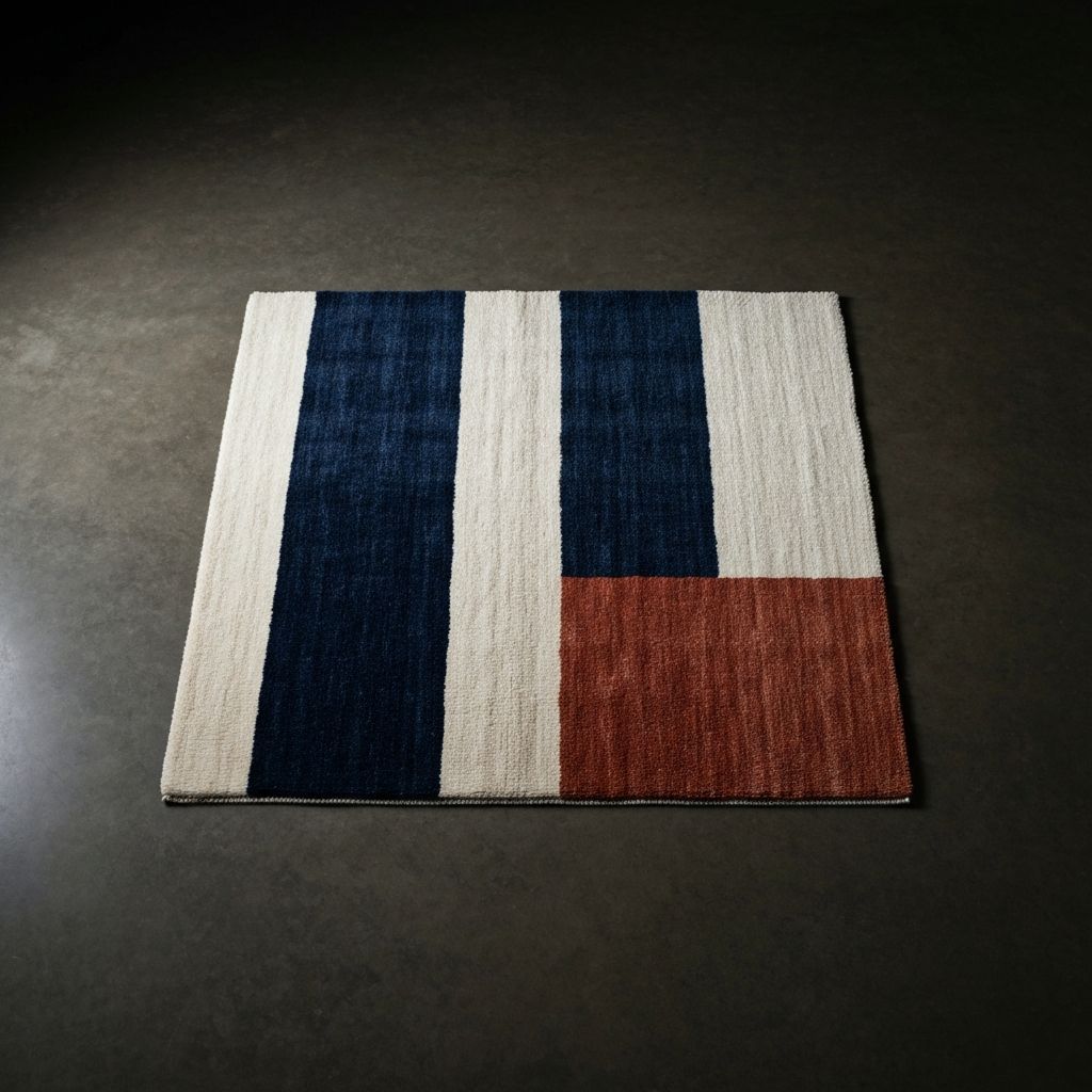 Detalle de alfombra artesanal con diseño abstracto azul y blanco